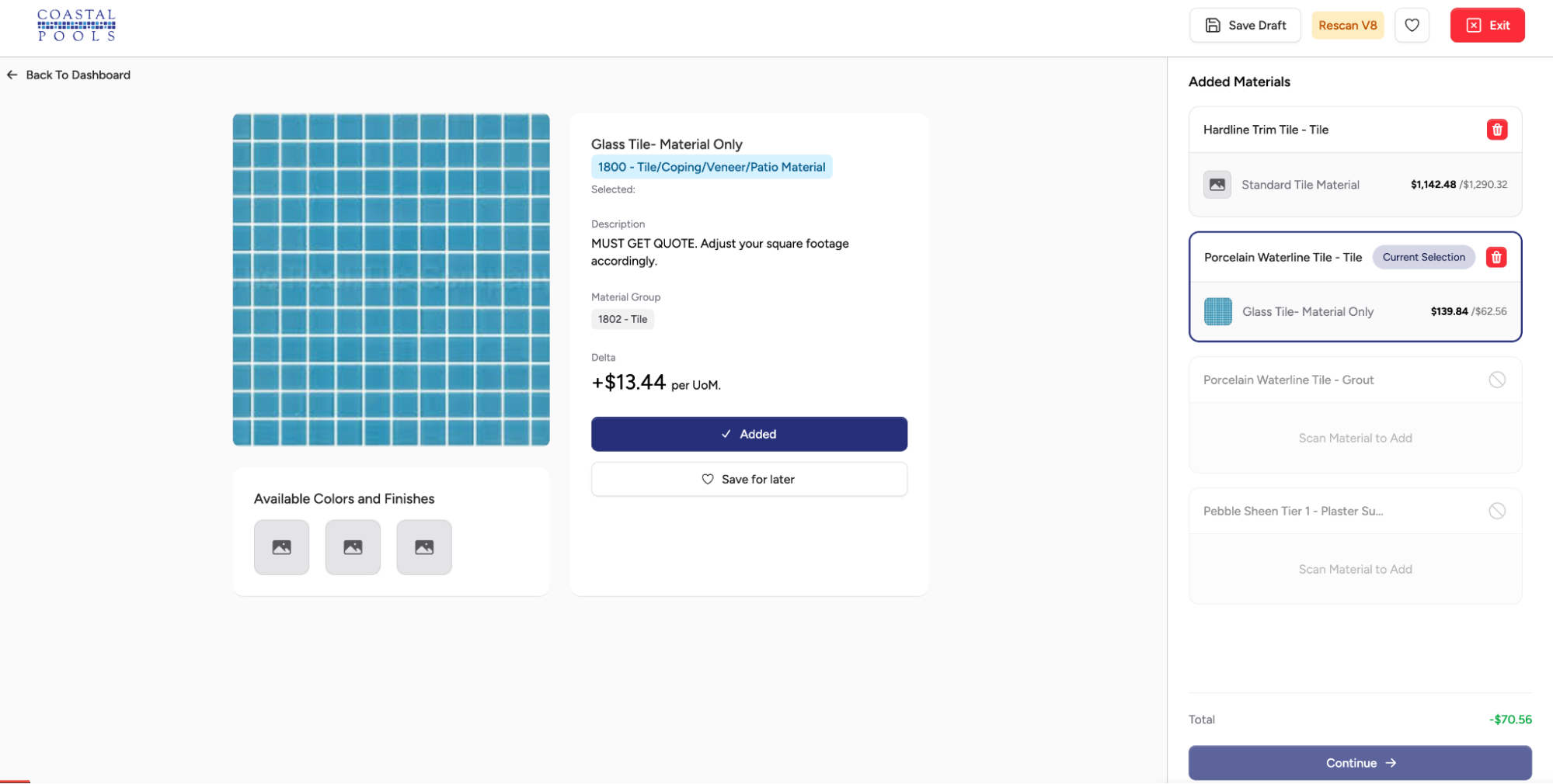 The scan screen mid-selection, with the price delta visible. A scanned tile, the alternatives, and the difference against the approved budget per square foot. The customer sees the cost of their own choice