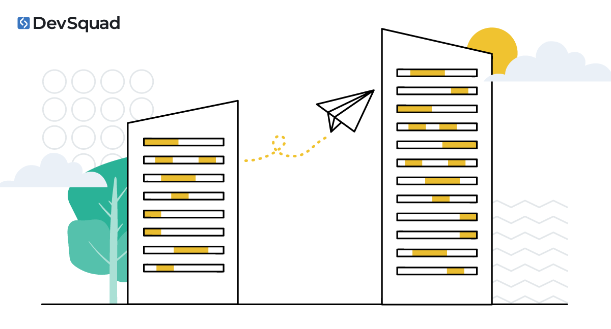 Cartoon of a paper airplane flying from one building to another