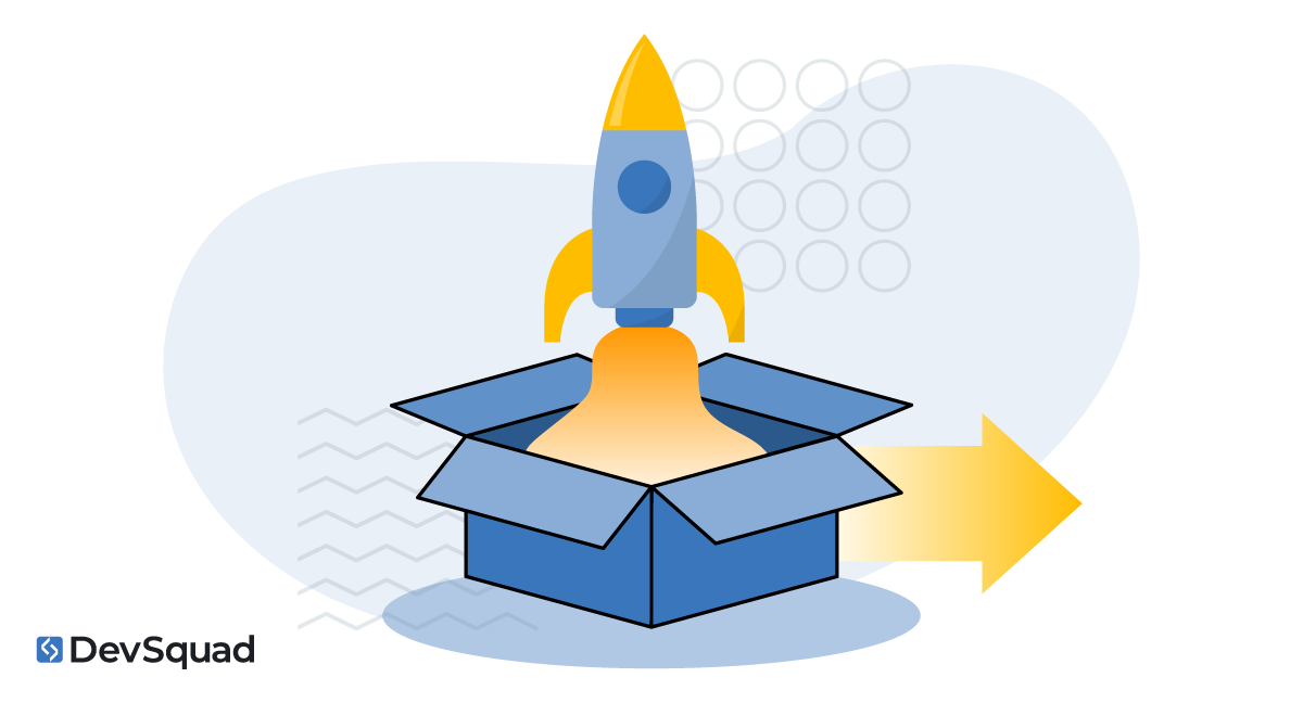 Cartoon rocket ship launching out of a box