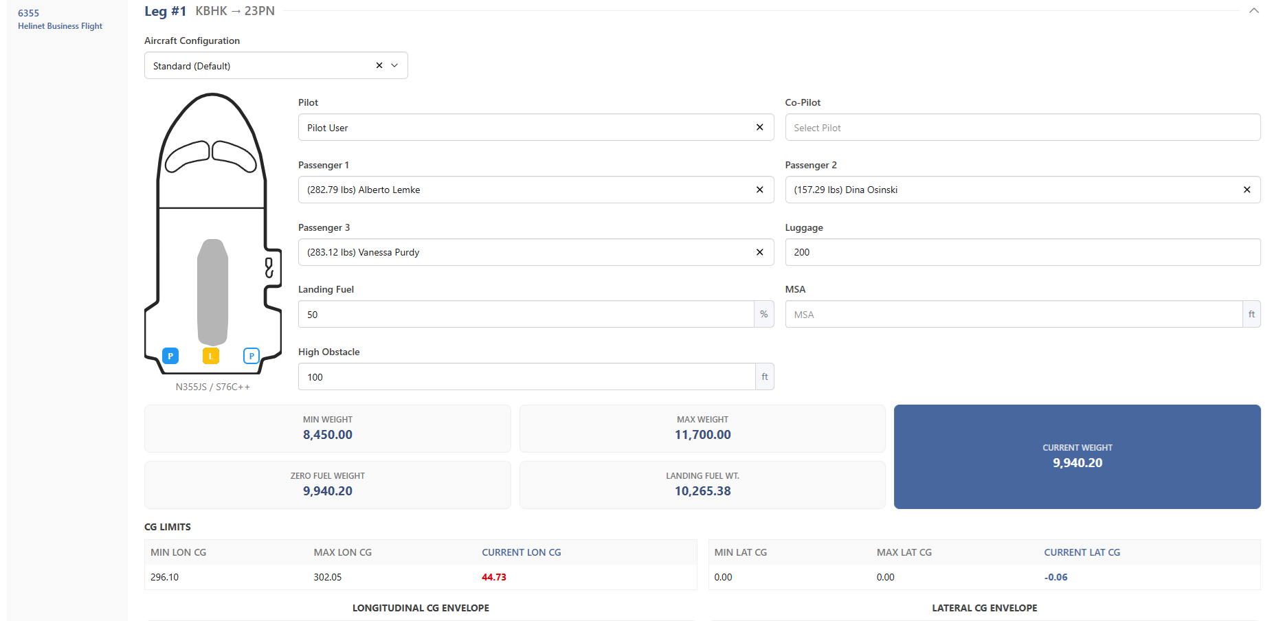 helinet weight flight calculator