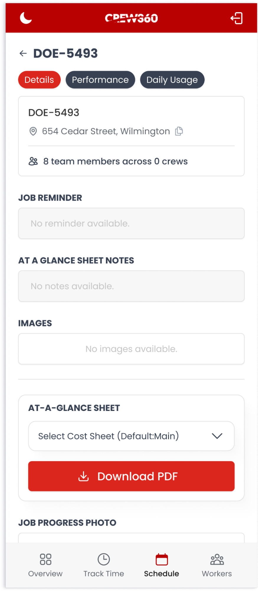 real custom construction software showing the job view for workers in mobile on site