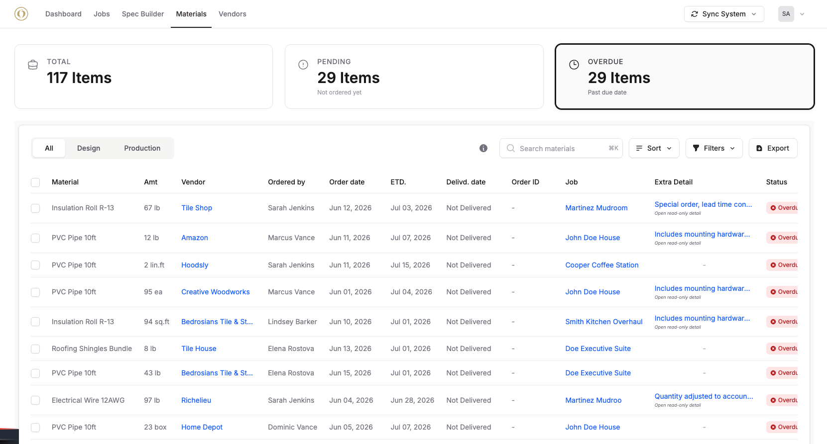 real custom construction software showing the open jobs