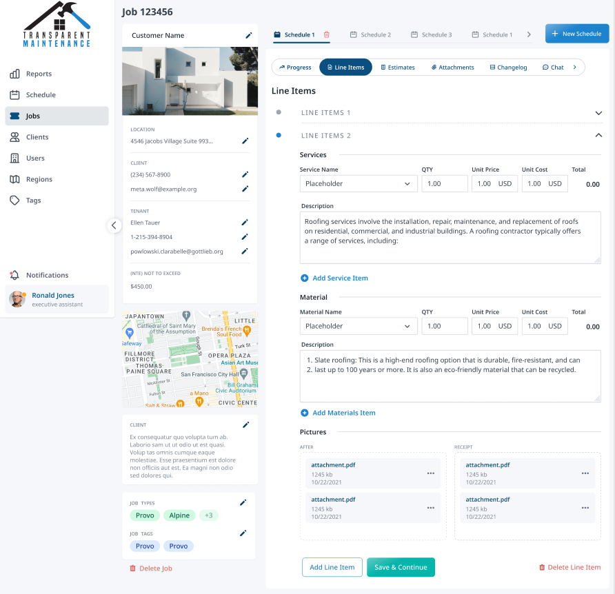 real construction software example showing the service details for a maintenance company job