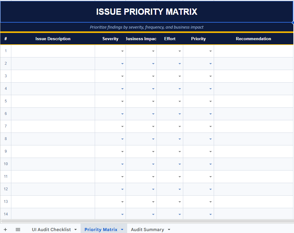 UI Audit Template Issue Priority Matrix